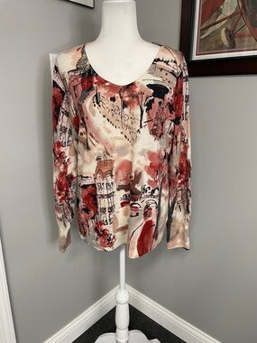 Talbots Hello Paris City Scape 100% Pure Merino Wool Sweater XL Red Black Soft